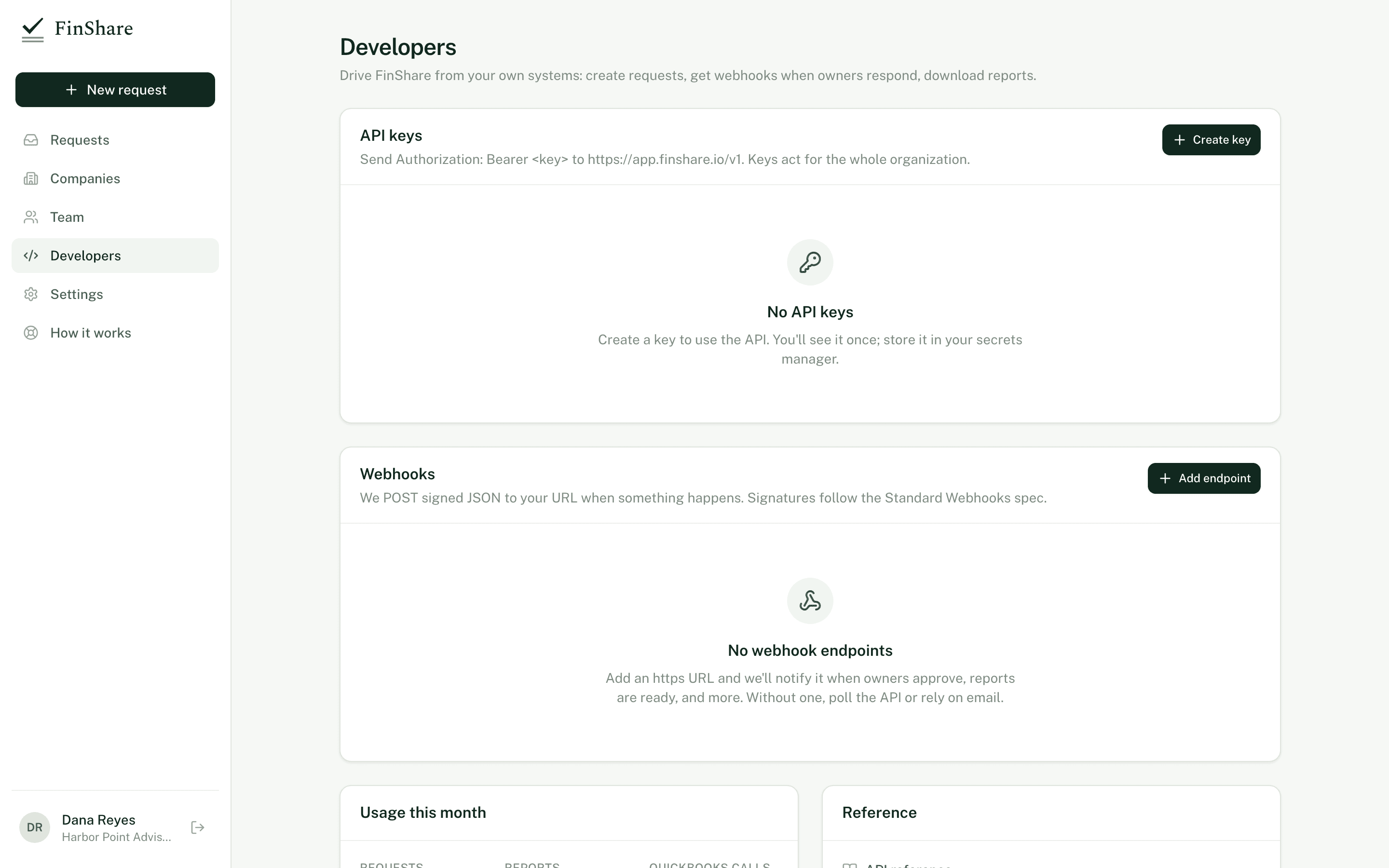 FinShare's Developers page with API keys and webhook endpoints.