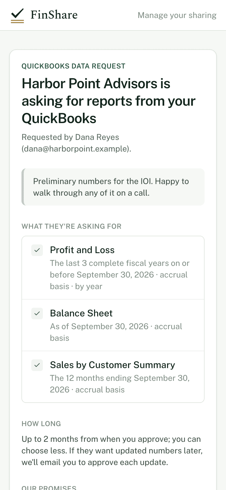 FinShare's review page on a phone, showing who is asking and the reports requested.