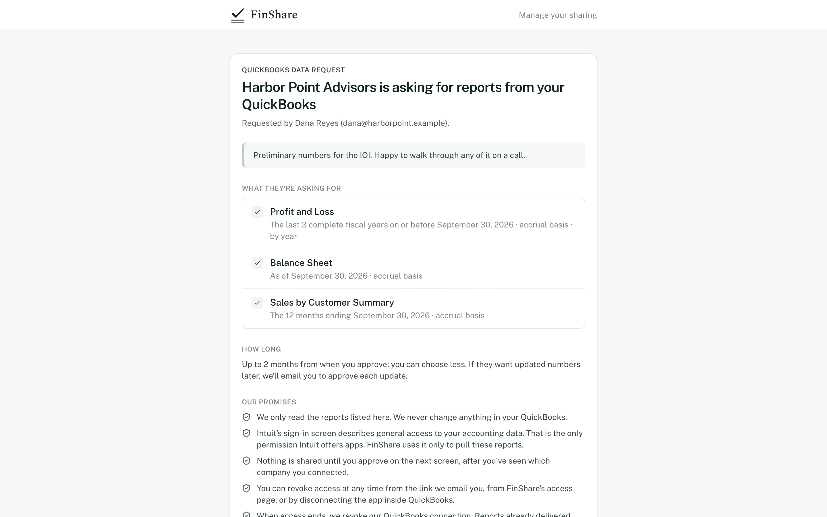 The page a business owner sees: who is asking, their message, the exact reports and periods requested, how long access lasts, and FinShare's promises.