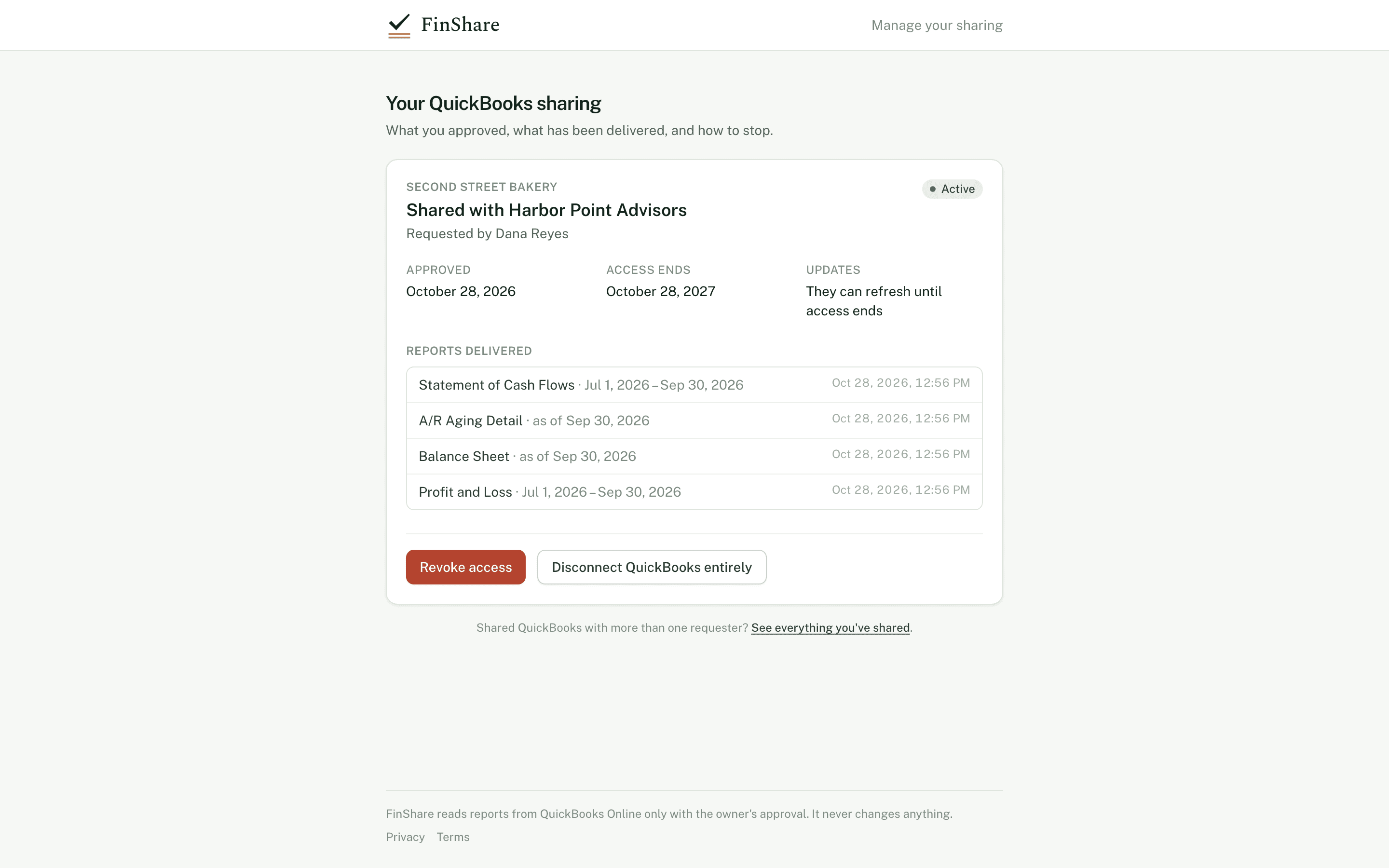 The owner's sharing page: shared with Harbor Point Advisors, approved October 28, 2026, a list of reports delivered, and buttons to revoke access or disconnect QuickBooks.