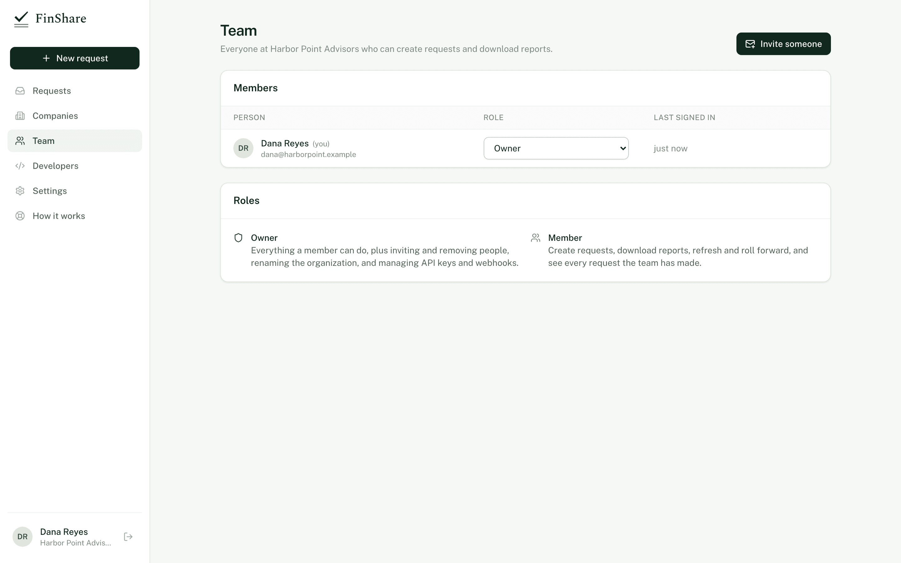 FinShare's Team page for inviting colleagues and setting roles.